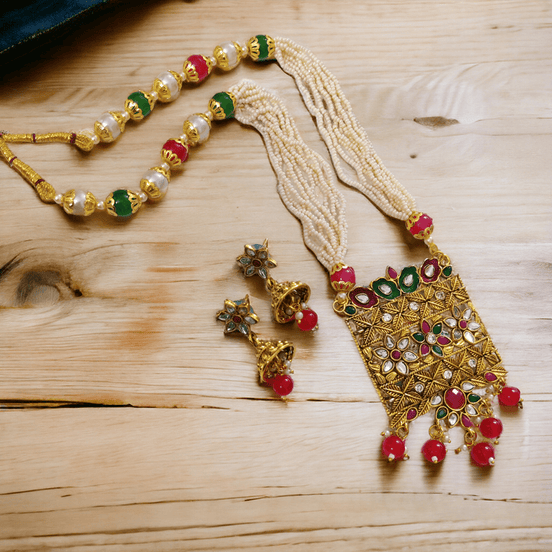 Opal Touch - Square Multicolor Polki Kundan Moti Mala - Necklace