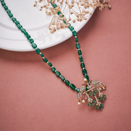 Locket Set - Traditional Emerald Bead Mala with Pigeon Design Mehendi Plated Locket Set - Opal Touch