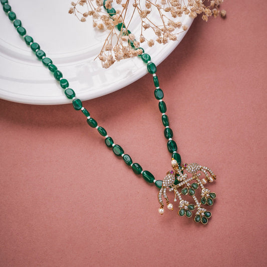 Locket Set - Traditional Emerald Bead Mala with Pigeon Design Mehendi Plated Locket Set - Opal Touch