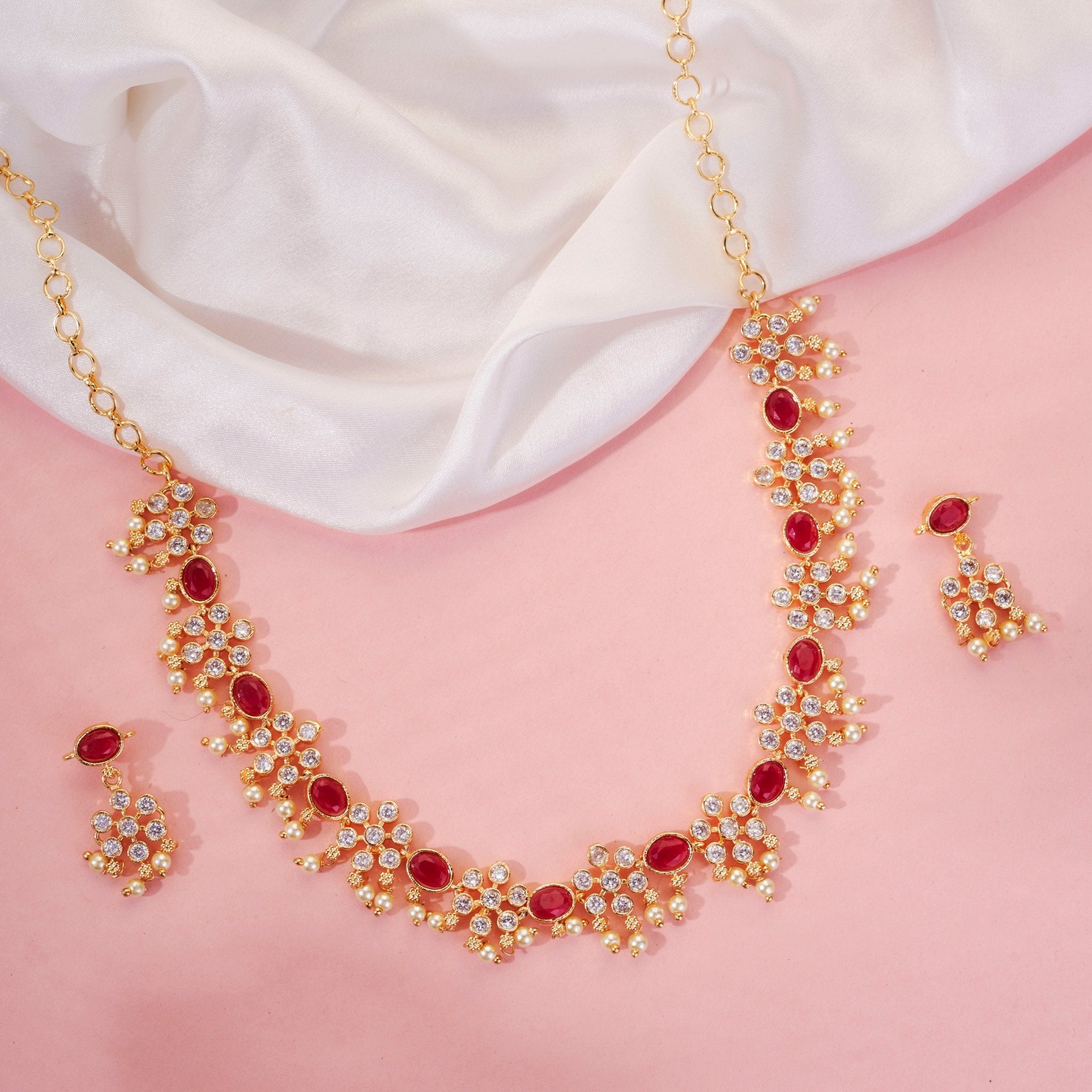 Necklace - Traditional Floral Gold - Toned Necklace Set with Pearl & Stone Embellishments - Opal Touch