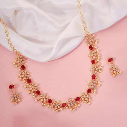 Necklace - Traditional Floral Gold - Toned Necklace Set with Pearl & Stone Embellishments - Opal Touch