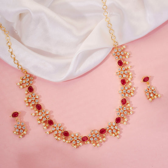 Necklace - Traditional Floral Gold - Toned Necklace Set with Pearl & Stone Embellishments - Opal Touch