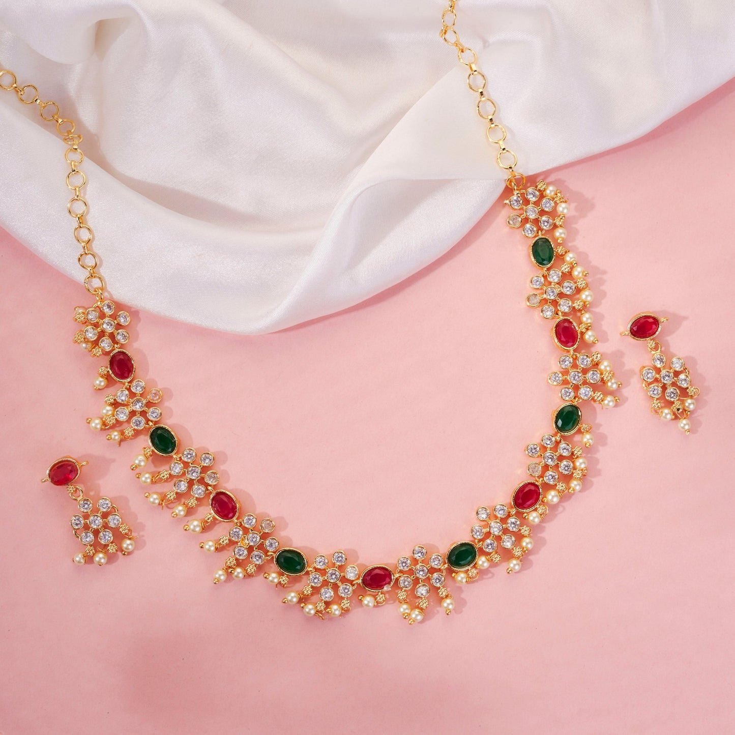 Necklace - Traditional Floral Gold - Toned Necklace Set with Pearl & Stone Embellishments - Opal Touch