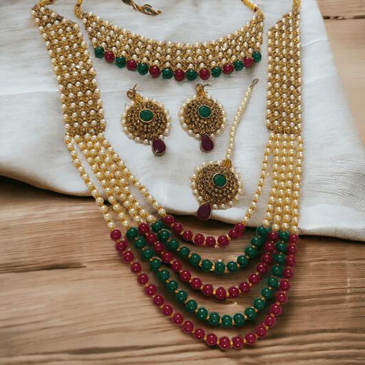 Opal Touch - Traditional Long Moti Mala Bridal Set Combo - Necklace