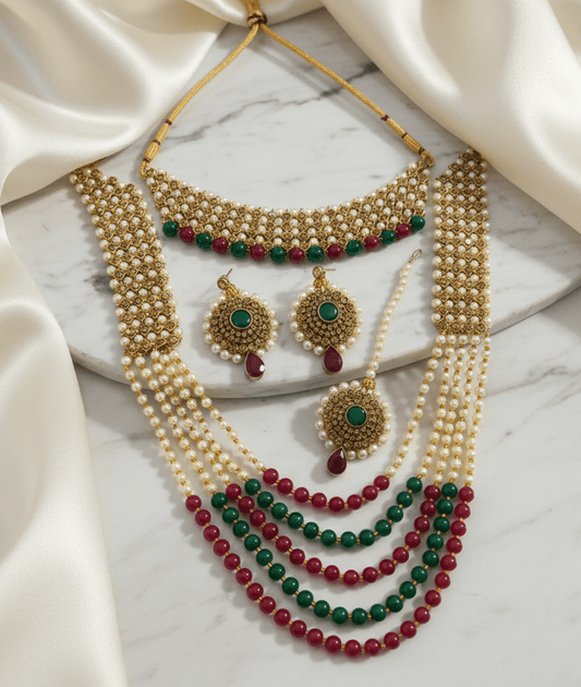 Traditional Long Moti Mala Bridal Set Combo - Opal Touch