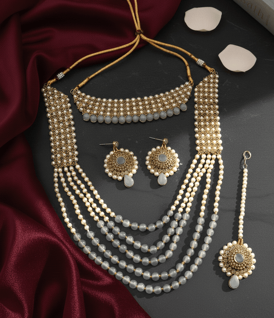 Traditional Long Moti Mala Bridal Set Combo - Opal Touch
