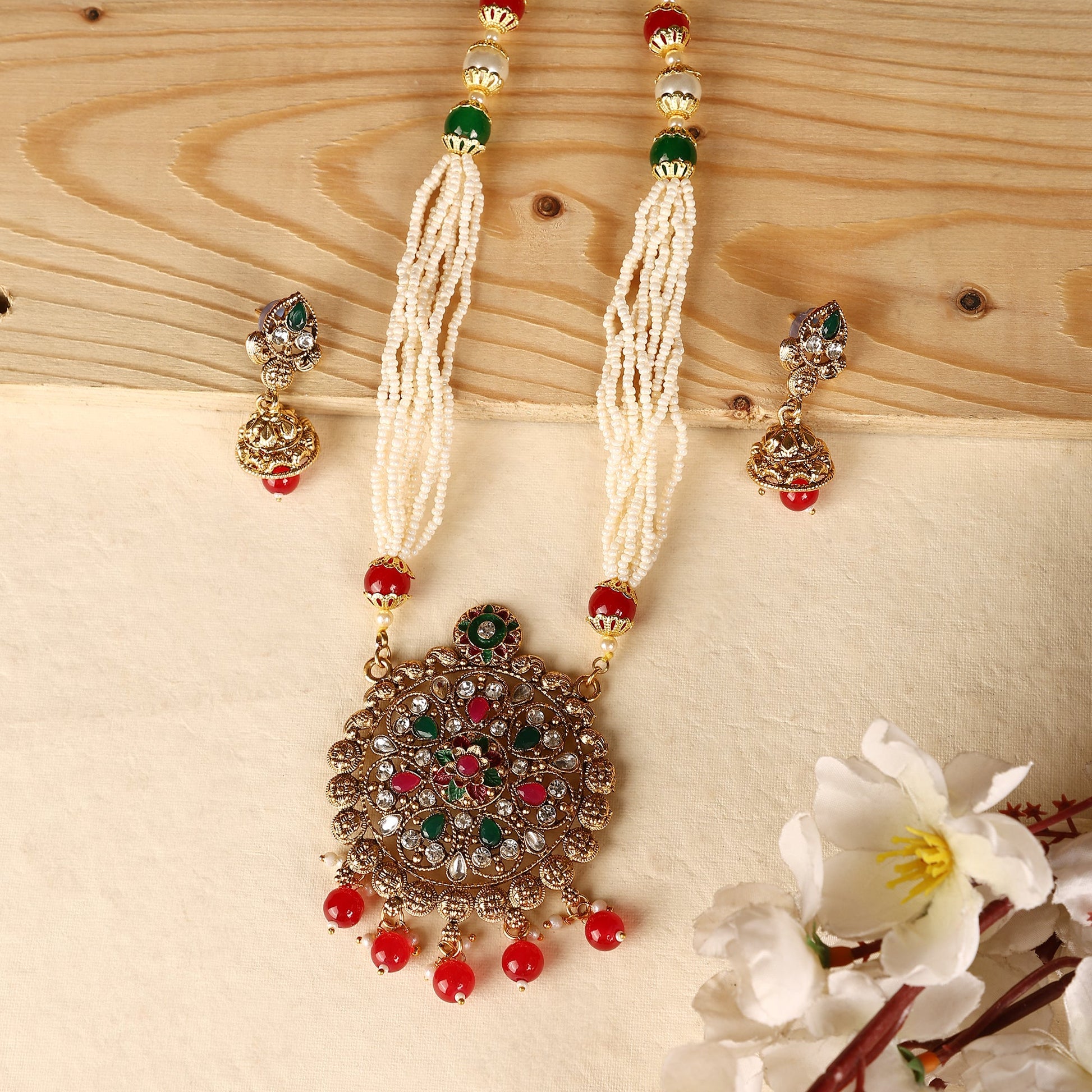 Opal Touch - Traditional Multicolor Polki Kundan Moti Mala - Necklace