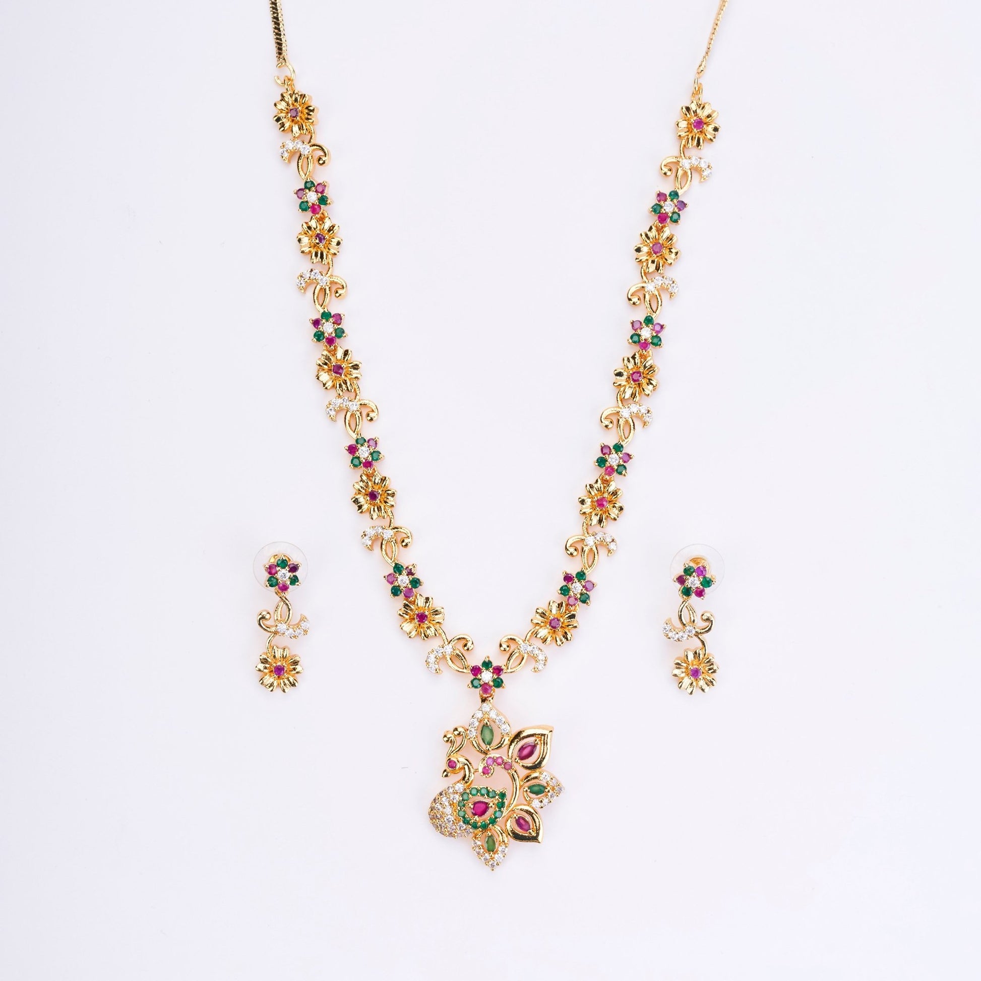Opal Touch - Traditional Peacock Gold Plated Necklace Set - Necklace