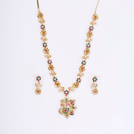 Opal Touch - Traditional Peacock Gold Plated Necklace Set - Necklace