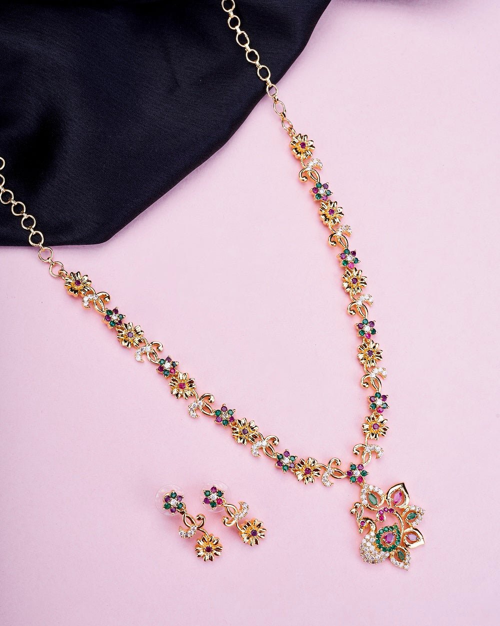 Opal Touch - Traditional Peacock Gold Plated Necklace Set - Necklace
