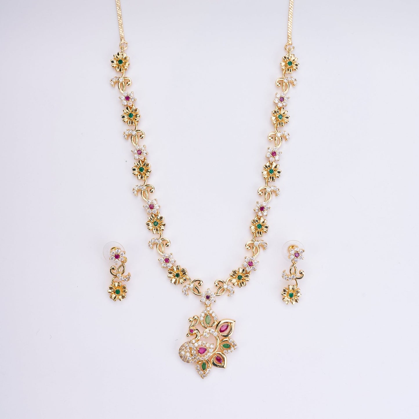 Opal Touch - Traditional Peacock Gold Plated Necklace Set - Necklace