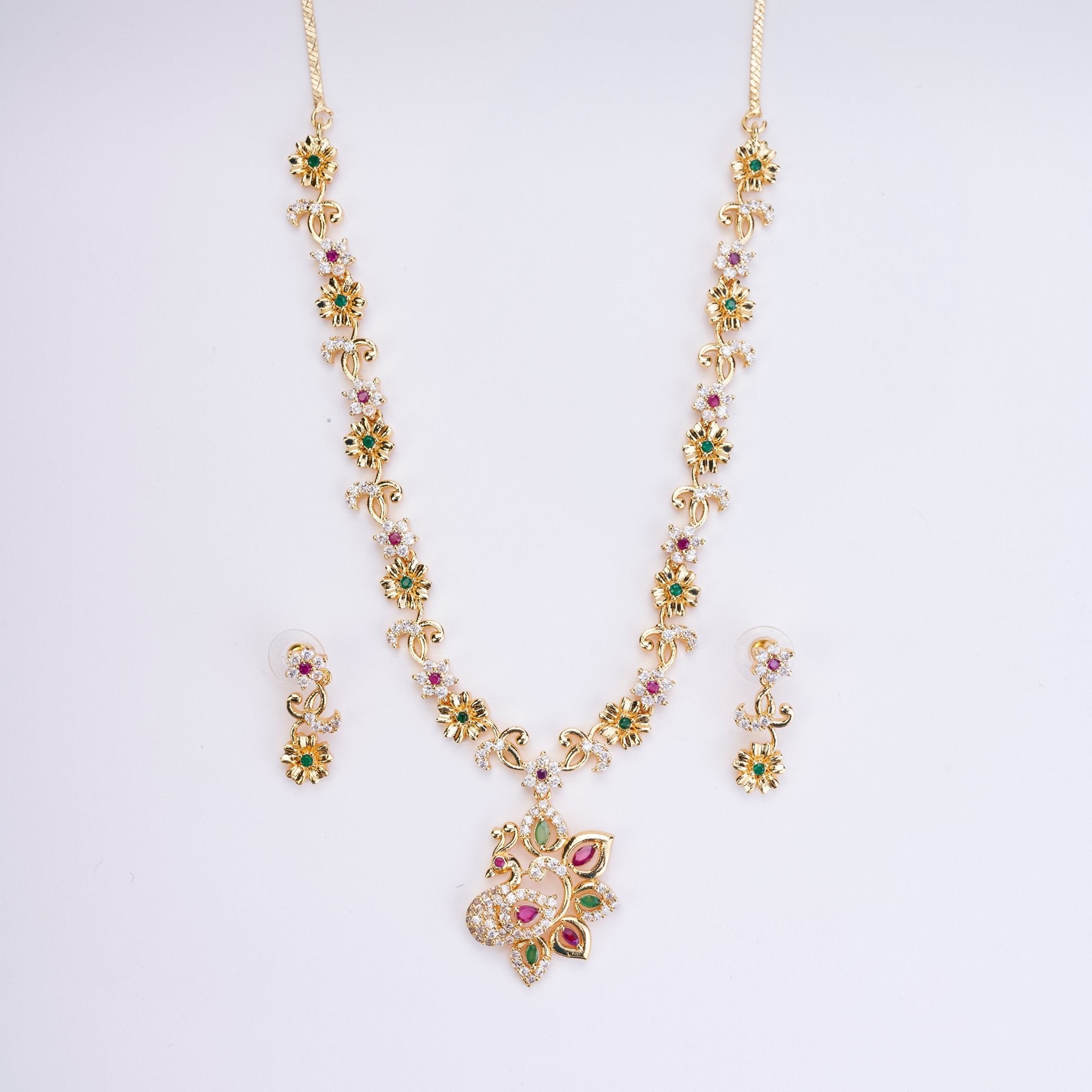 Opal Touch - Traditional Peacock Gold Plated Necklace Set - Necklace