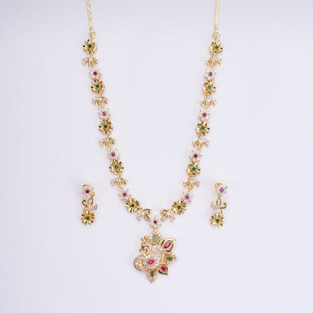 Opal Touch - Traditional Peacock Gold Plated Necklace Set - Necklace