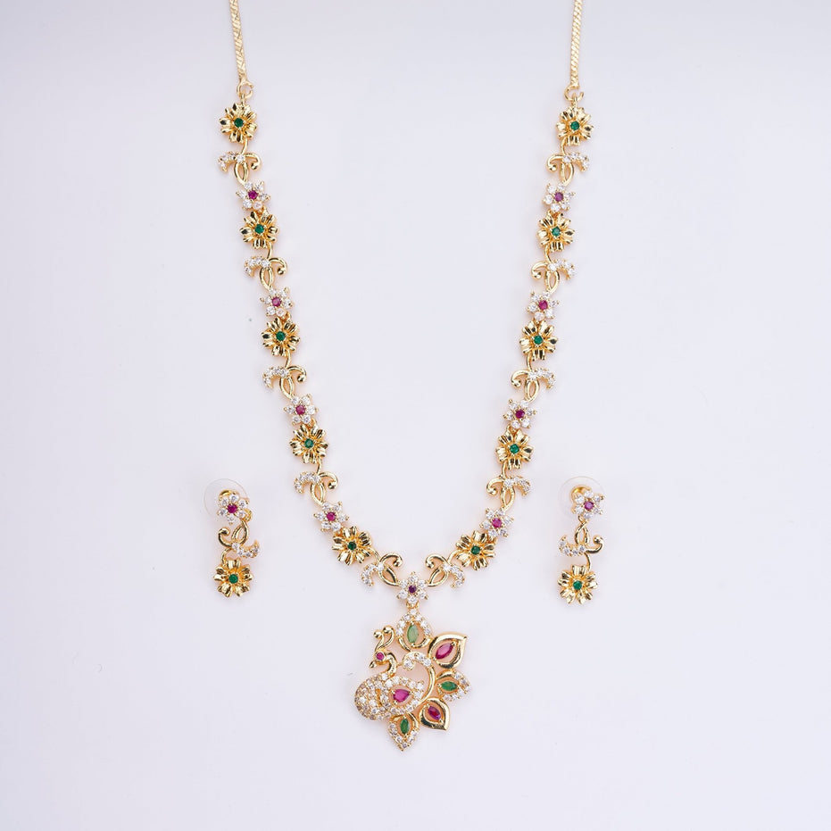 Opal Touch - Traditional Peacock Gold Plated Necklace Set - Necklace