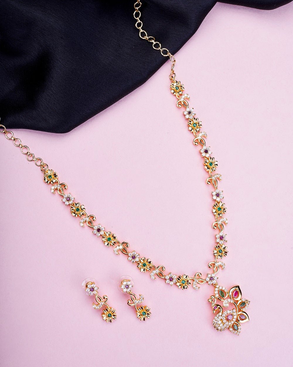 Opal Touch - Traditional Peacock Gold Plated Necklace Set - Necklace