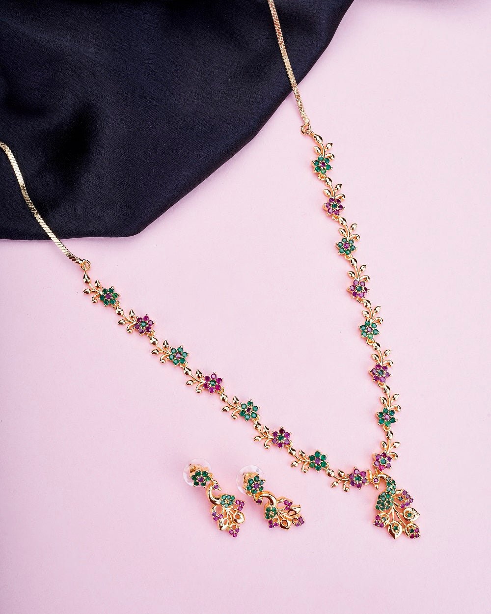 Opal Touch - Traditional Peacock Gold Plated Necklace Set - Necklace