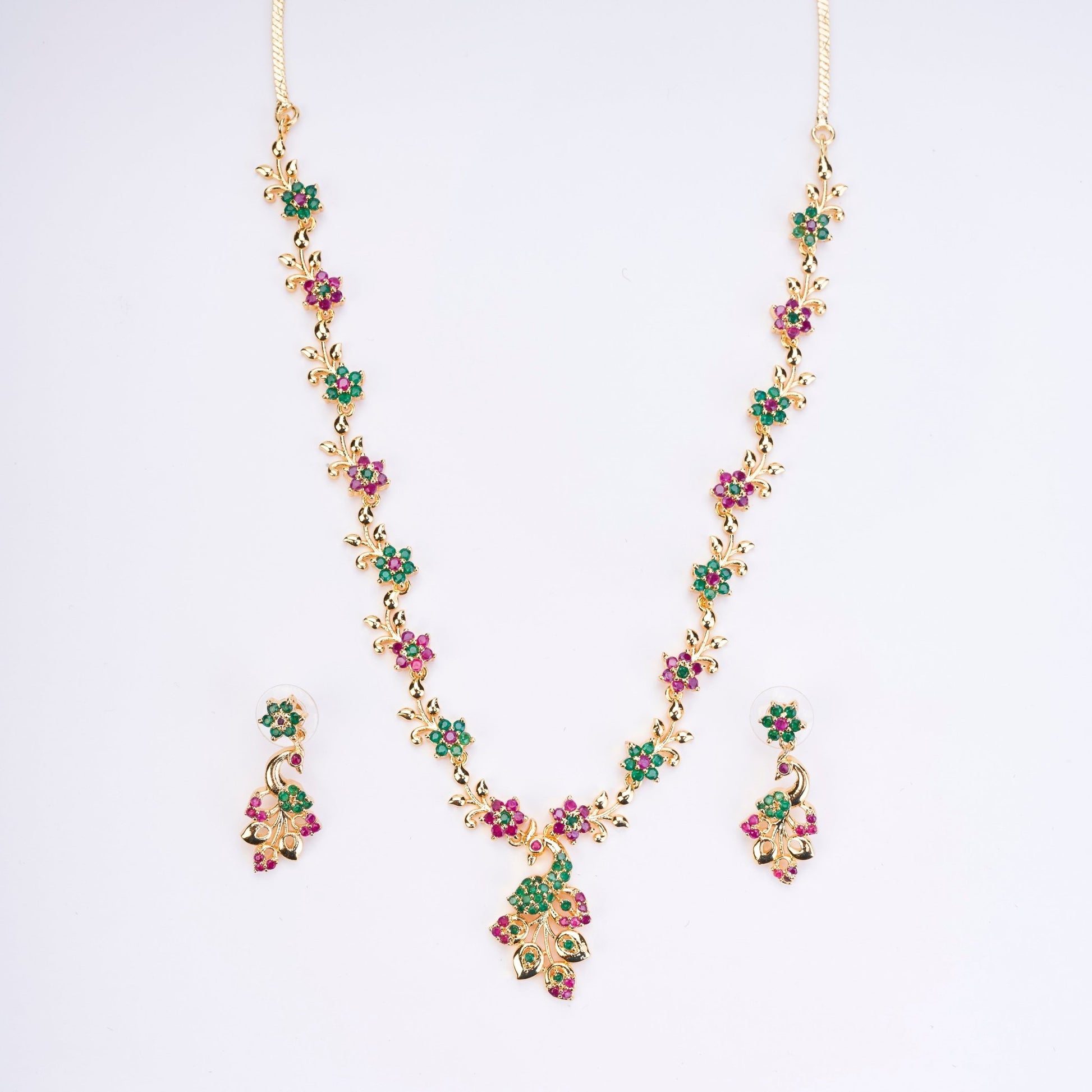 Opal Touch - Traditional Peacock Gold Plated Necklace Set - Necklace
