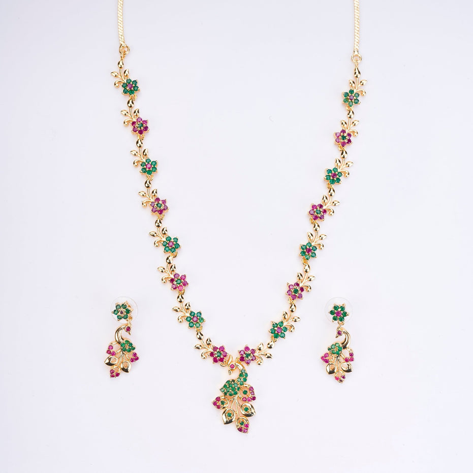 Opal Touch - Traditional Peacock Gold Plated Necklace Set - Necklace