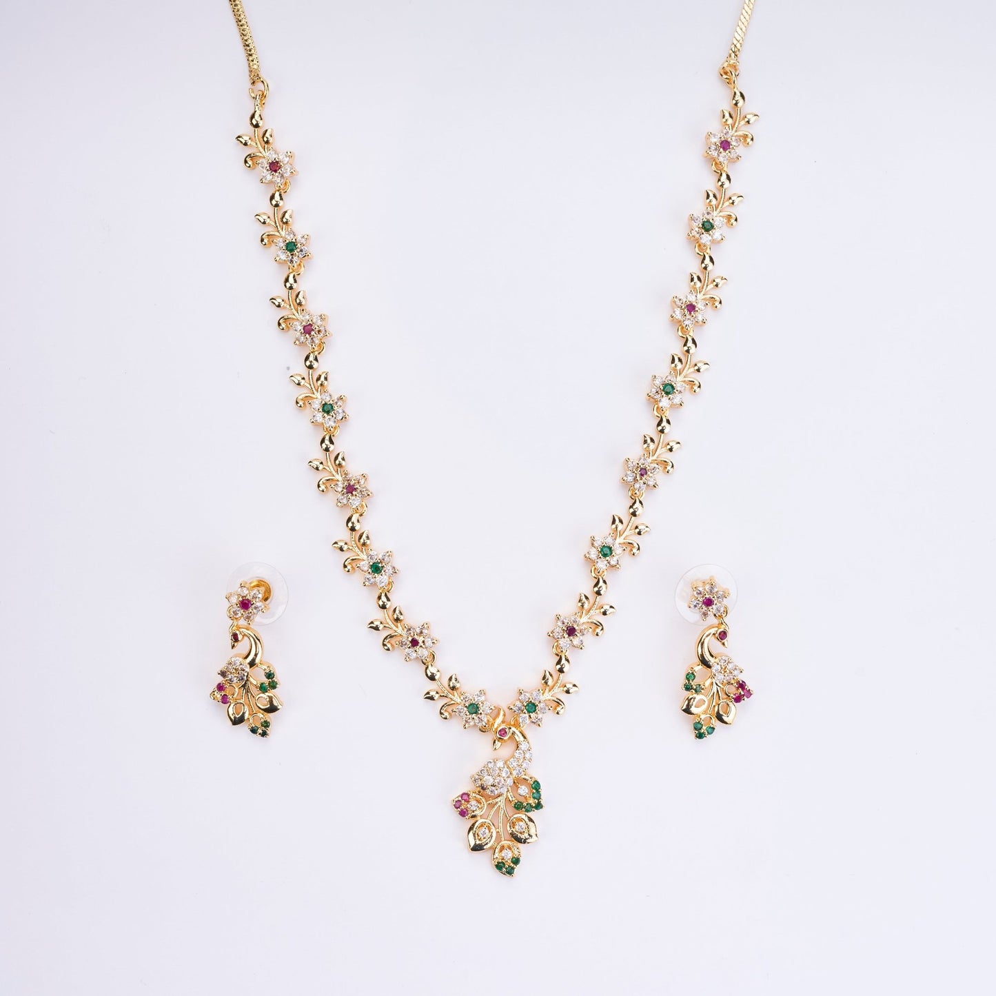Opal Touch - Traditional Peacock Gold Plated Necklace Set - Necklace