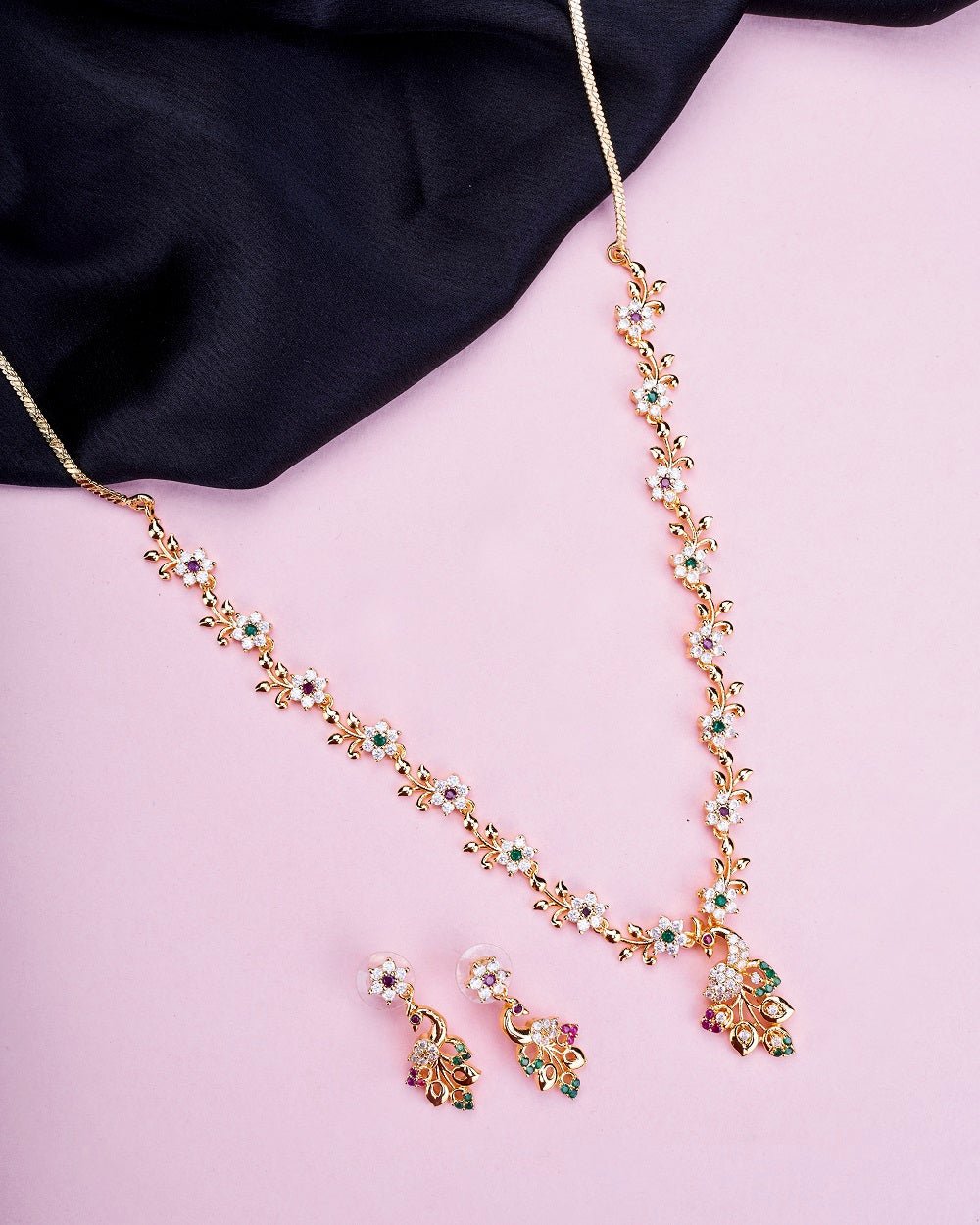 Opal Touch - Traditional Peacock Gold Plated Necklace Set - Necklace