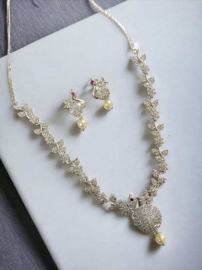 Opal Touch - Traditional Rhodium Peacock Necklace Set - Necklace