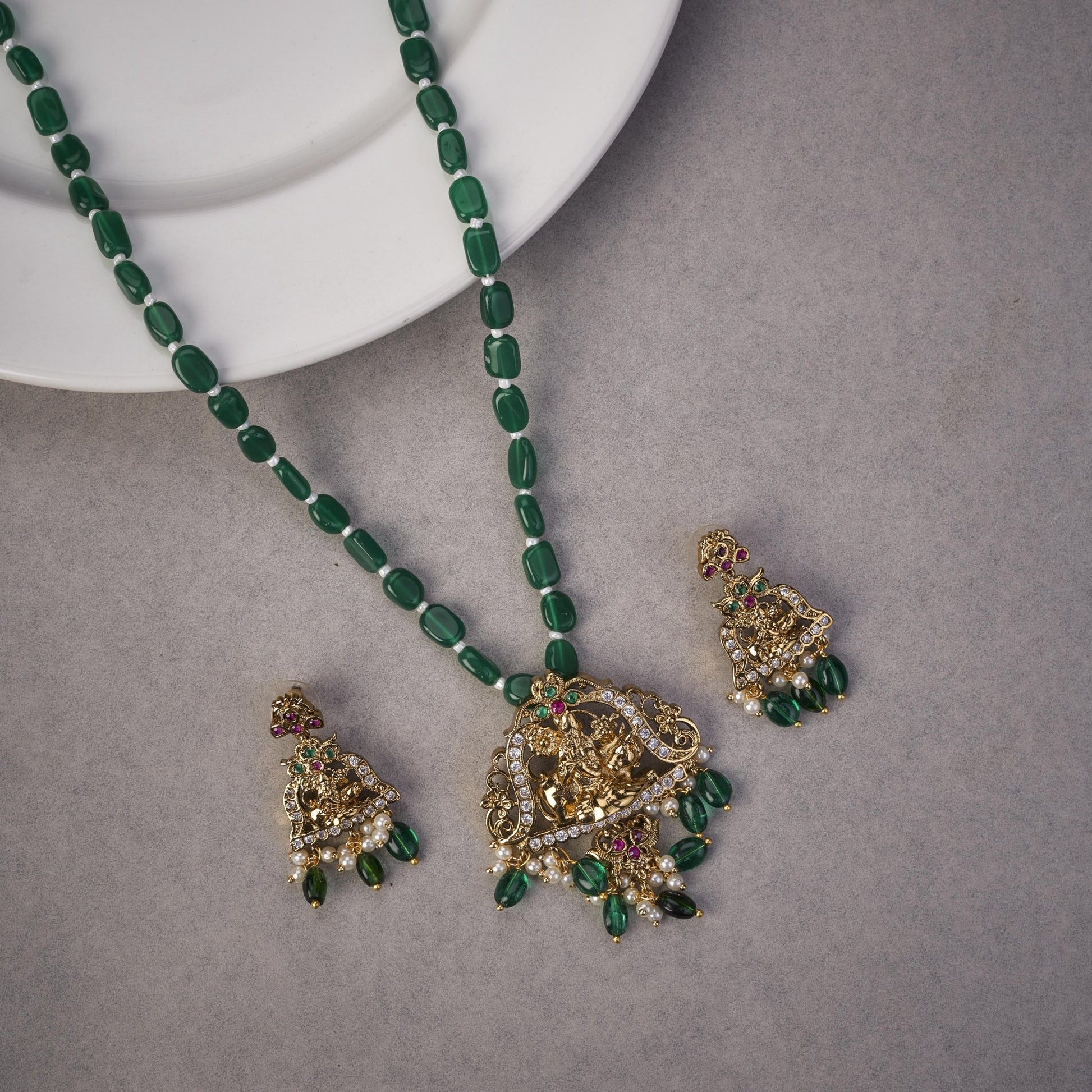 Locket Set - Traditional Temple Beaded Locket with Kanha Pendant & Earrings - Opal Touch