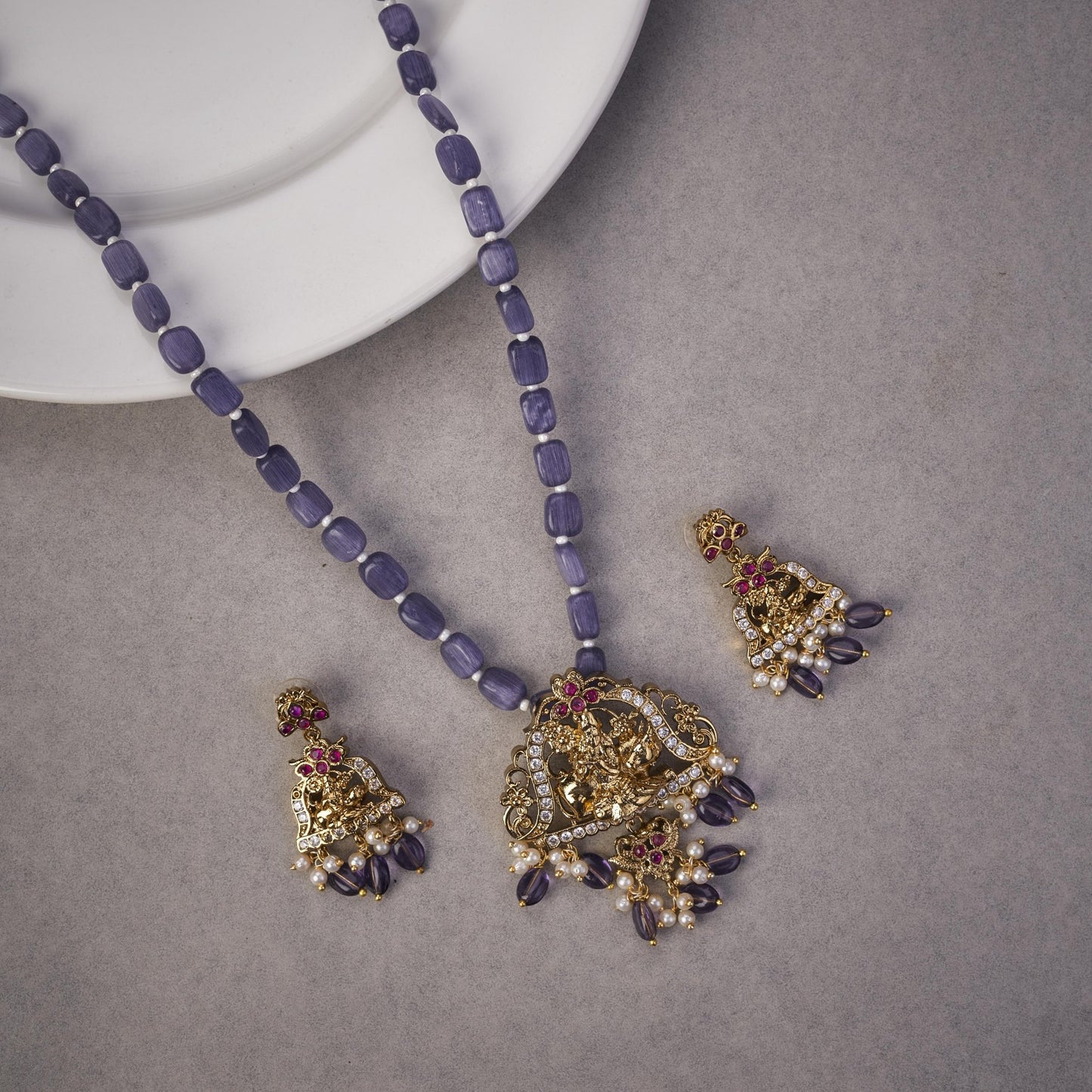 Locket Set - Traditional Temple Beaded Locket with Kanha Pendant & Earrings - Opal Touch