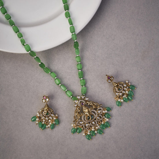 Locket Set - Verdant Grace Ganpati Temple Mehendi Plated Locket Set with Earrings - Opal Touch