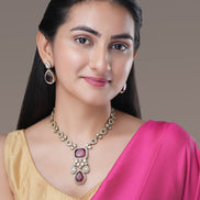 Necklace - Victorian Leaflet Mehendi Plated Necklace Set - Opal Touch