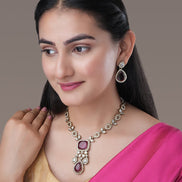 Necklace - Victorian Leaflet Mehendi Plated Necklace Set - Opal Touch