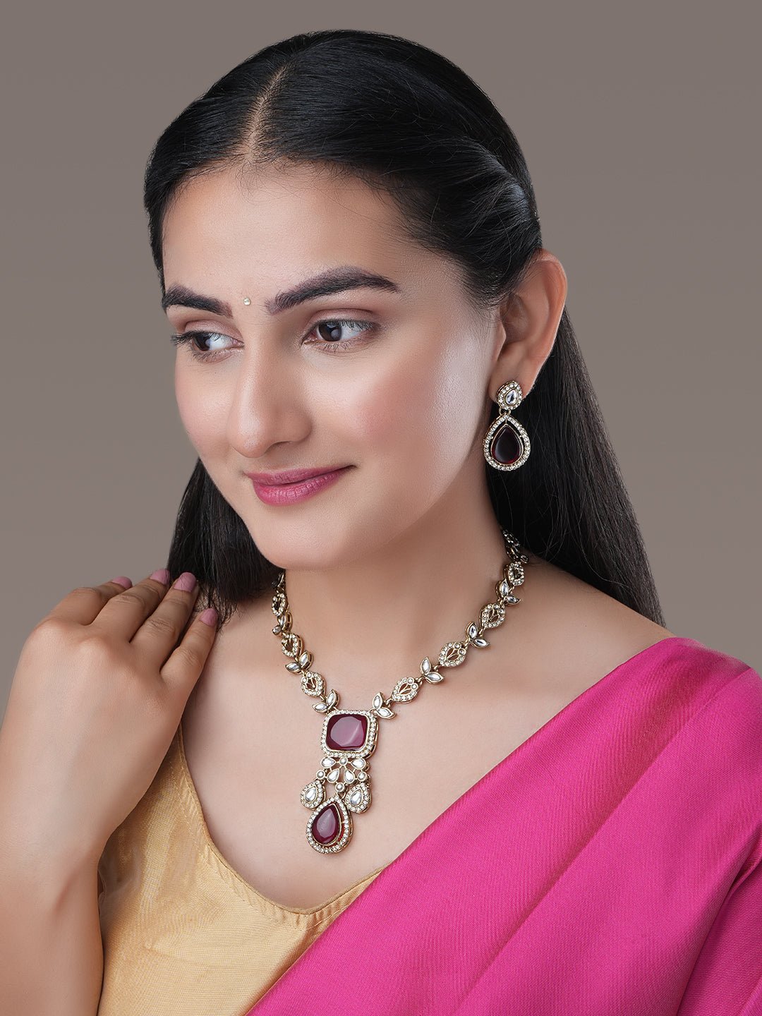 Necklace - Victorian Leaflet Mehendi Plated Necklace Set - Opal Touch