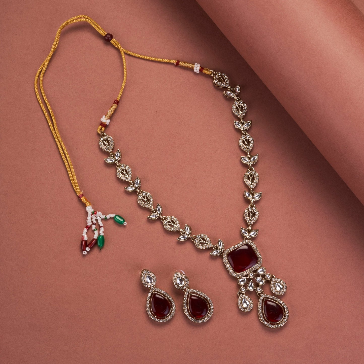 Necklace - Victorian Leaflet Mehendi Plated Necklace Set - Opal Touch