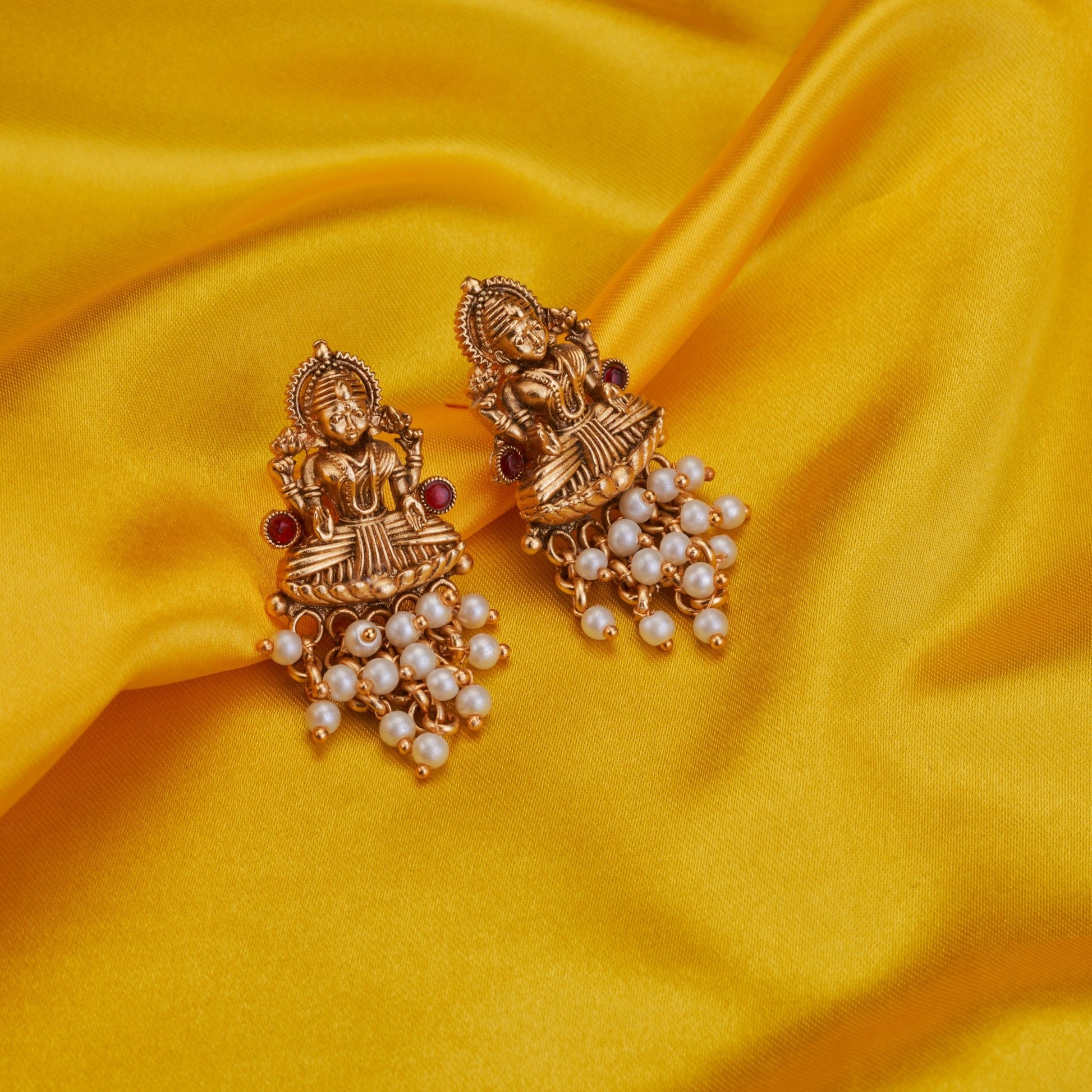 Earrings - Vishnu Lakshmi Matte Gold Plated Earrings - Opal Touch