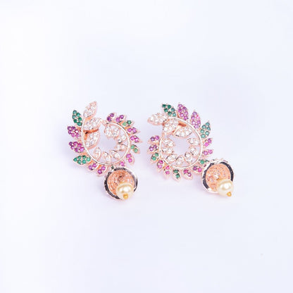 Opal Touch - Whimsical Red-Green Symphony: Brass Rose Gold CZ Earrings - Earrings
