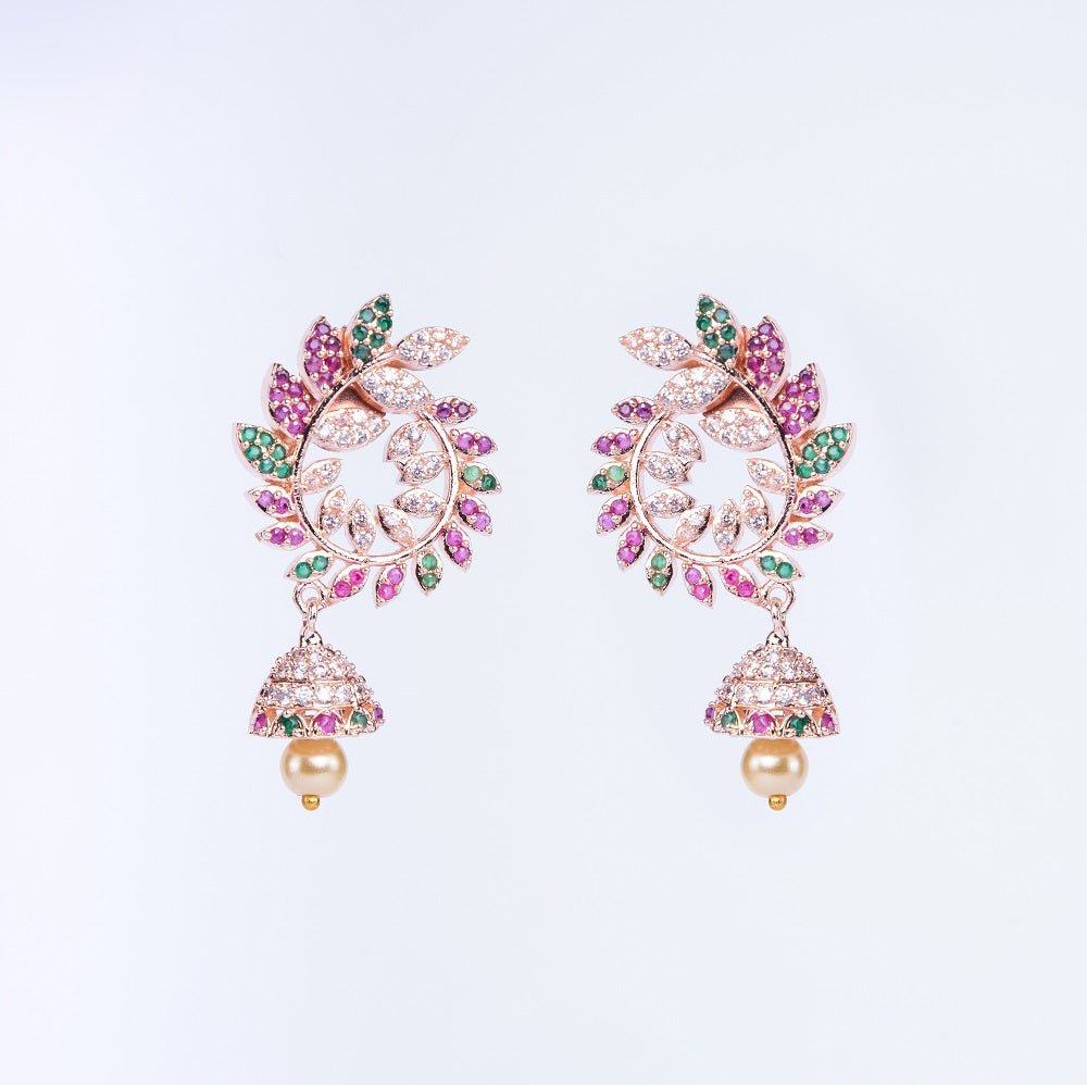 Opal Touch - Whimsical Red-Green Symphony: Brass Rose Gold CZ Earrings - Earrings