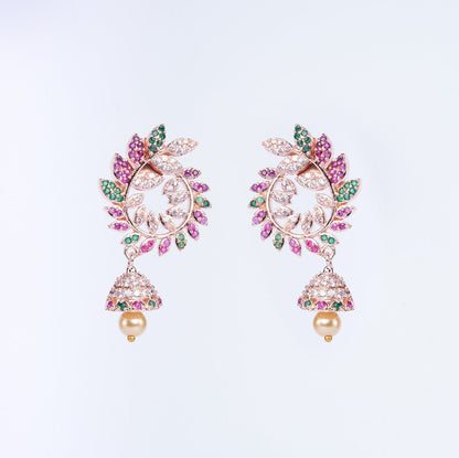 Opal Touch - Whimsical Red-Green Symphony: Brass Rose Gold CZ Earrings - Earrings