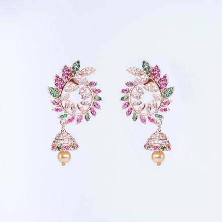 Opal Touch - Whimsical Red-Green Symphony: Brass Rose Gold CZ Earrings - Earrings