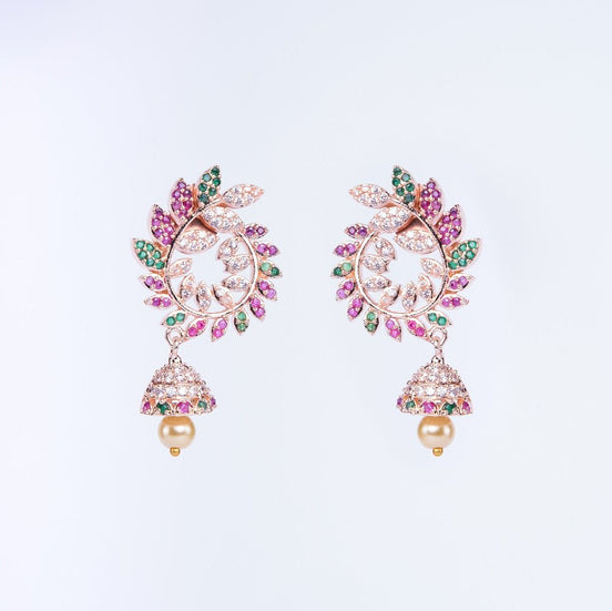 Opal Touch - Whimsical Red-Green Symphony: Brass Rose Gold CZ Earrings - Earrings